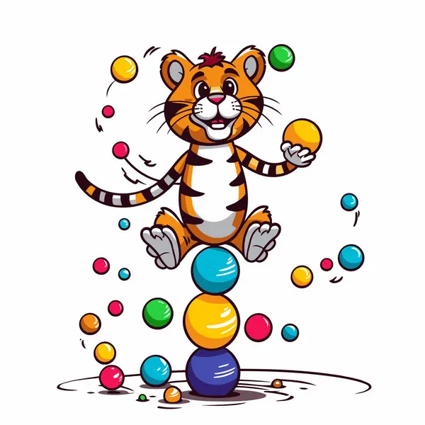 Ilustración Tigre Dibujos Animados Haciendo Malabares Con Globos Colores — Archivo Imágenes Vectoriales