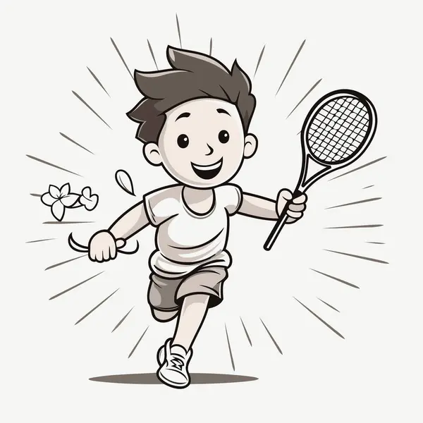 Karikaturista Hraje Tenis Vektorová Ilustrace Chlapce Hrajícího Tenis — Stockový vektor