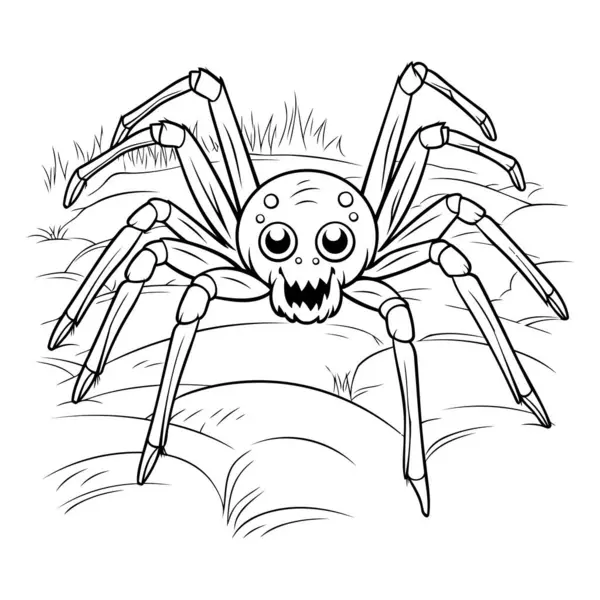 Black White Spider Grass Vector Illustration Coloring Book — Stock Vector