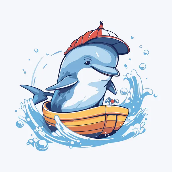 Lindo Delfín Dibujos Animados Barco Ilustración Vectorial Del Delfín — Vector de stock