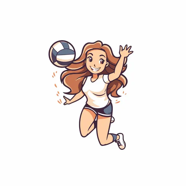 Cartoon Girl Playing Volleyball Vector Illustration Isolated White Background — Stock Vector