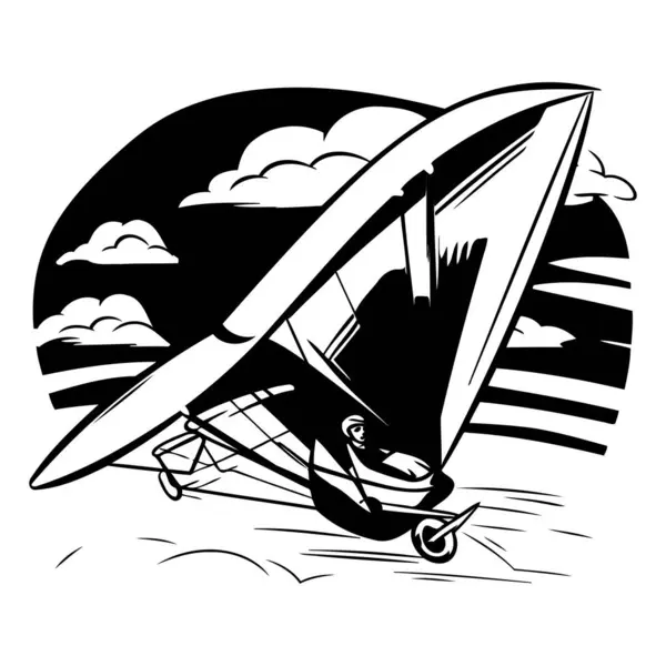 Hang Glider Flying Sky Black White Vector Illustration — Stock Vector