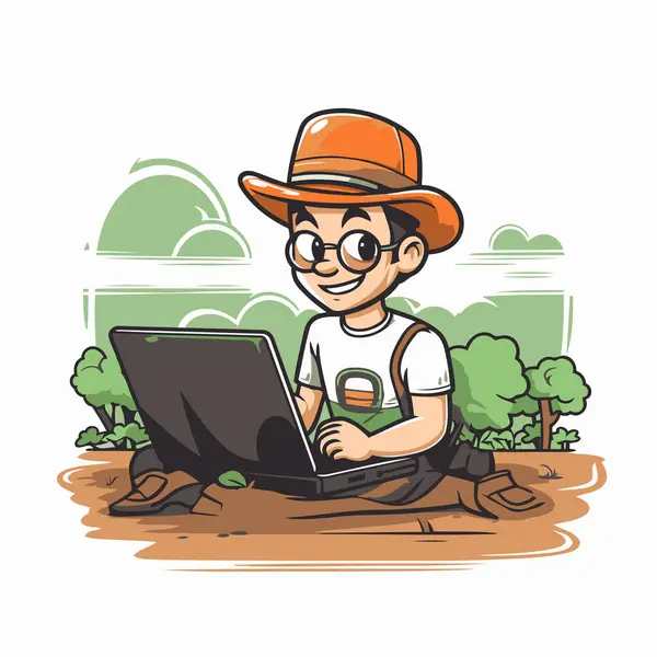 Cartoon Boy Werkt Aan Een Laptop Het Park Vectorillustratie — Stockvector