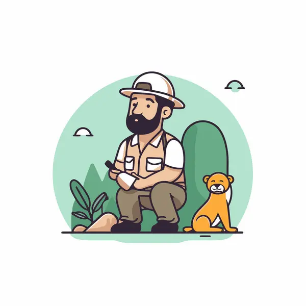 Illustration Vectorielle Homme Assis Avec Chien Dans Parc — Image vectorielle