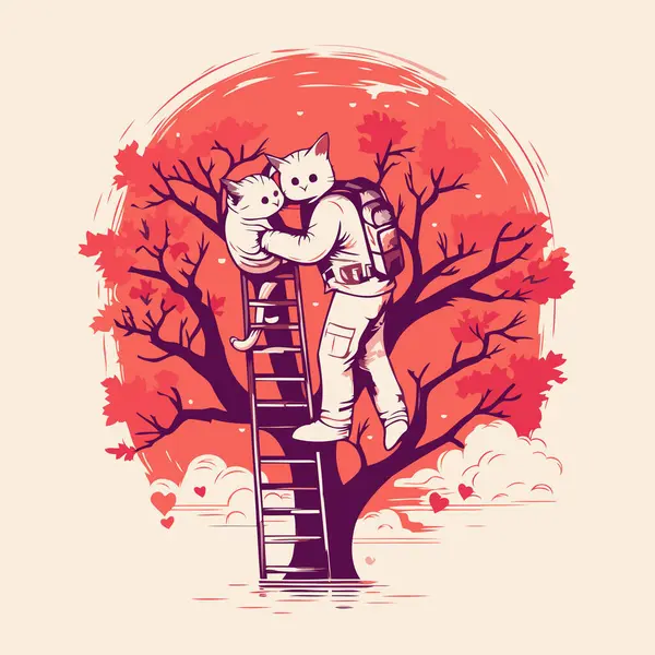 Vector Illustratie Van Een Man Kat Een Ladder Het Bos — Stockvector