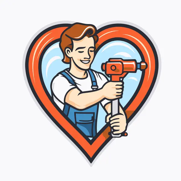 Vector Illustration Plumber Holding Drill Shape Heart — Stock Vector