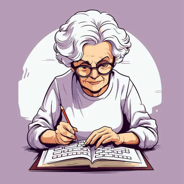 Yaşlı kadın ödevini yapıyor. Çizgi film tarzında vektör illüstrasyonu.