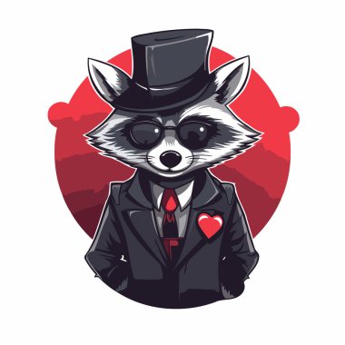Takım elbiseli ve silindir şapkalı bir rakun. Vektör illüstrasyonu.
