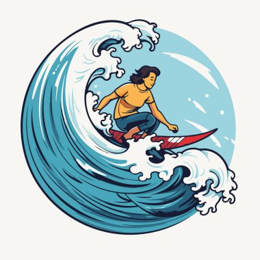 Dalgadaki sörfçü. Çizgi film tarzında vektör illüstrasyonu.