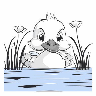 Gölde çiçeklerle yüzen küçük şirin bir ördeğin vektör çizimi