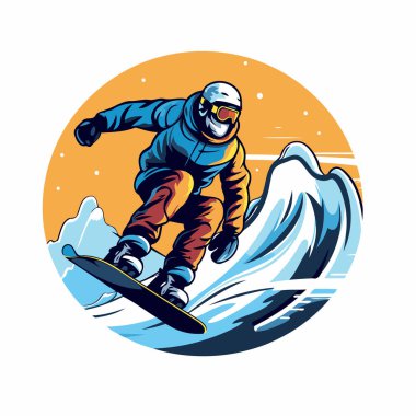 Snowboardcu iş başında. Aşırı kış sporu. Vektör illüstrasyonu.