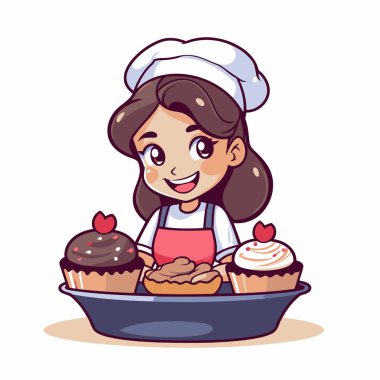 Bir tabak keki olan tatlı çizgi film şefi kız. Vektör illüstrasyonu.