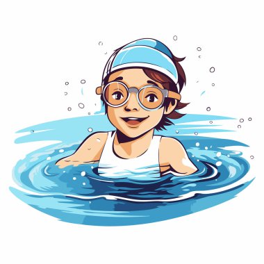 Gözlük ve şapkayla havuzda yüzen bir çocuğun vektör çizimi