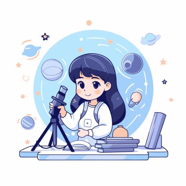 Gezegenleri incelemek için teleskop kullanan sevimli küçük bir kız. Vektör illüstrasyonu.