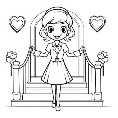 Merdivenlerde sevimli küçük bir kız. Boyama kitabı için Vektör illüstrasyonu