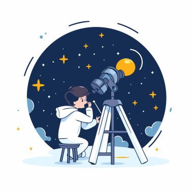 Teleskoptan bakan astronot. Çizgi film tarzında vektör illüstrasyonu.