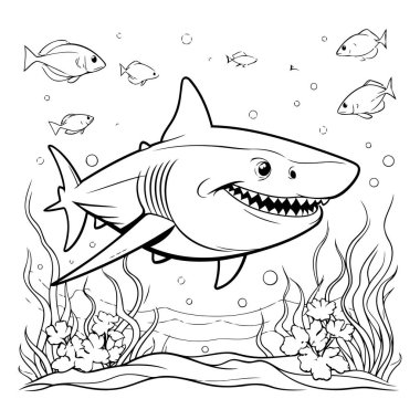 Okyanusta şirin bir karikatür köpekbalığı. Boyama kitabı için Vektör illüstrasyonu