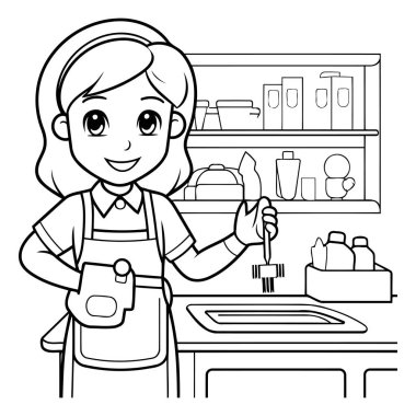 Elinde spatulayla apronlu bir barista. siyah ve beyaz vektör çizimi