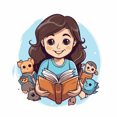 Arkadaşlarıyla kitap okuyan sevimli küçük bir kız. vektör illüstrasyonu