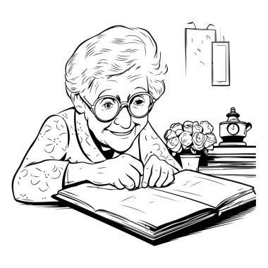 Kitap okuyan yaşlı bir kadın. Siyah ve beyaz vektör çizimi.