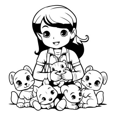 Kız ve hayvanları - boyama kitabı için siyah-beyaz vektör çizimi