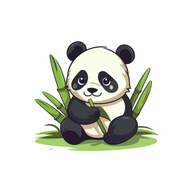 Çimlerin üzerinde oturan sevimli panda. Vektör illüstrasyonu.