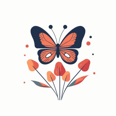 Çiçekli ve noktalı kelebek. Düz biçimli vektör illüstrasyonu.