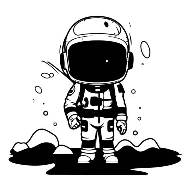 Uzayda bir astronot. siyah ve beyaz vektör çizgi film çizimi.