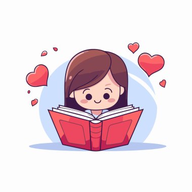 Kitap okuyan sevimli küçük bir kız. Çizgi film tarzında vektör illüstrasyonu.