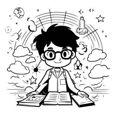 Kitap okuyan gözlüklü bir çocuğun siyah beyaz çizimi.