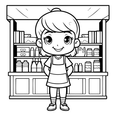 Süpermarket raf vektör illüstrasyon tasarım vektör çizimi tasarımında küçük şirin bir kız.