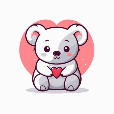 Kırmızı kalbi tutan sevimli koala. Sevgililer Günü vektör illüstrasyonu