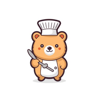 Şef şapkası ve bıçak vektör çizimi olan sevimli küçük bir ayı aşçı karakteri..