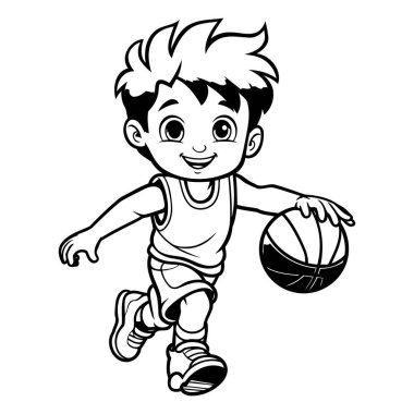 Çizgi filmci çocuk basketbol oynuyor. Boyama kitabı için siyah ve beyaz vektör çizimi.