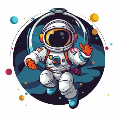 Uzayda bir astronot. Bir çizgi film karakterinin vektör illüstrasyonu.