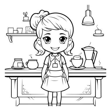 Kafe karikatür vektör resimli grafik tasarımında şirin küçük kız barista.