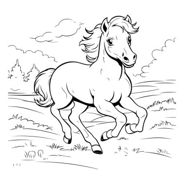 Çayırda koşan at. Siyah ve beyaz vektör çizimi.
