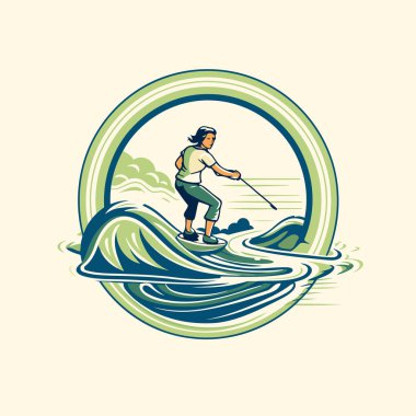 Sörf tahtasındaki bir adamın, yandan görülen bir dalgayı sürüşünü canlandırmak. Eski tarzda yapılmış bir iç daire..