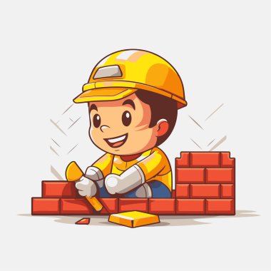 Çizgi filmci çocuk çekiçle tuğla duvar örüyor. Vektör illüstrasyonu.