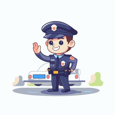 Polis memuru polis arabasıyla el sallıyor. Çizgi film tarzında vektör illüstrasyonu
