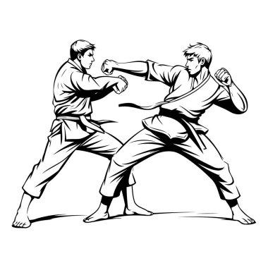 Beyaz arka planda iki karate dövüşçüsünün vektör çizimi.