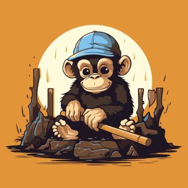 Maymun bir kayanın üzerinde oturuyor ve beyzbol oynuyor. Vektör illüstrasyonu.