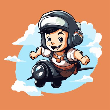Küçük çocuk pilot kaskıyla gökyüzünde uçuyor. Vektör illüstrasyonu.