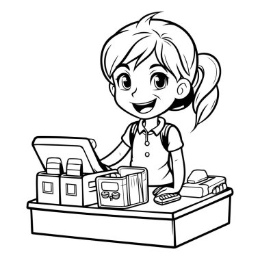 Yazar kasada oynayan sevimli küçük kız vektör çizimi grafik tasarımı