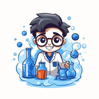 Matarasında kimyasal sıvı bulunan bilim adamı çizgi film karakteri. Vektör illüstrasyonu.