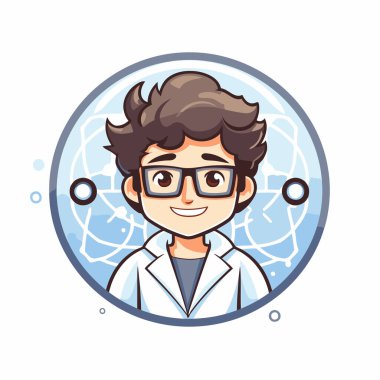 Beyaz önlüklü ve gözlüklü bilim adamı. Vektör çizgi film illüstrasyonu.