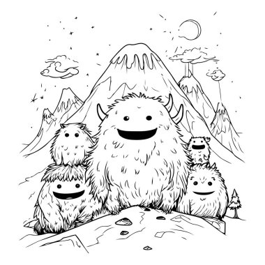 Dağlardaki sevimli çizgi film canavarları ailesi. Tasarımınız için vektör illüstrasyonu