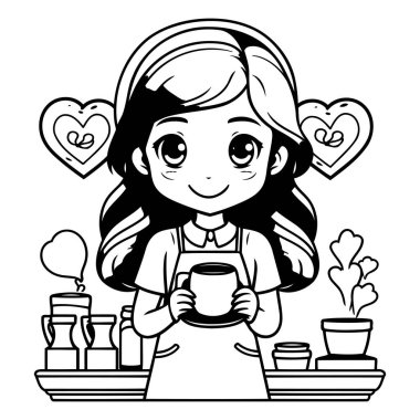 Kahve dükkanının vektör illüstrasyonunda kahve fincanı olan sevimli küçük bir kız.