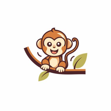 Ağaç dalında oturan şirin çizgi film maymunu. Vektör illüstrasyonu.