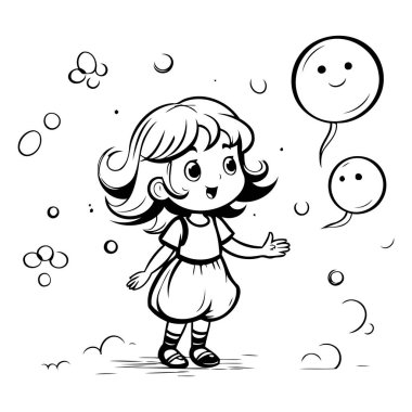 Balonlarla oynayan tatlı küçük kız. siyah ve beyaz vektör çizimi
